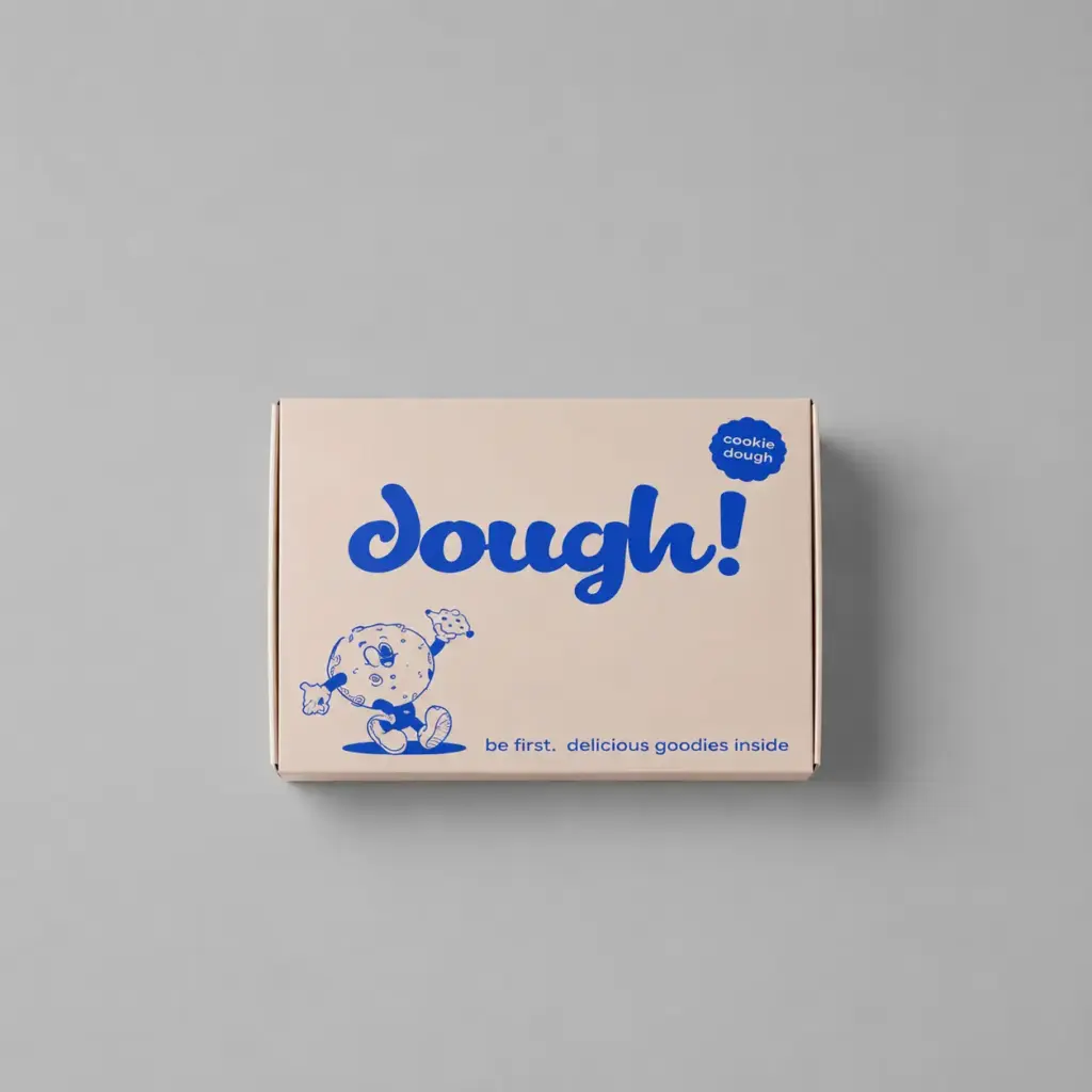 Closed cookie dough packaging box with playful mascot design