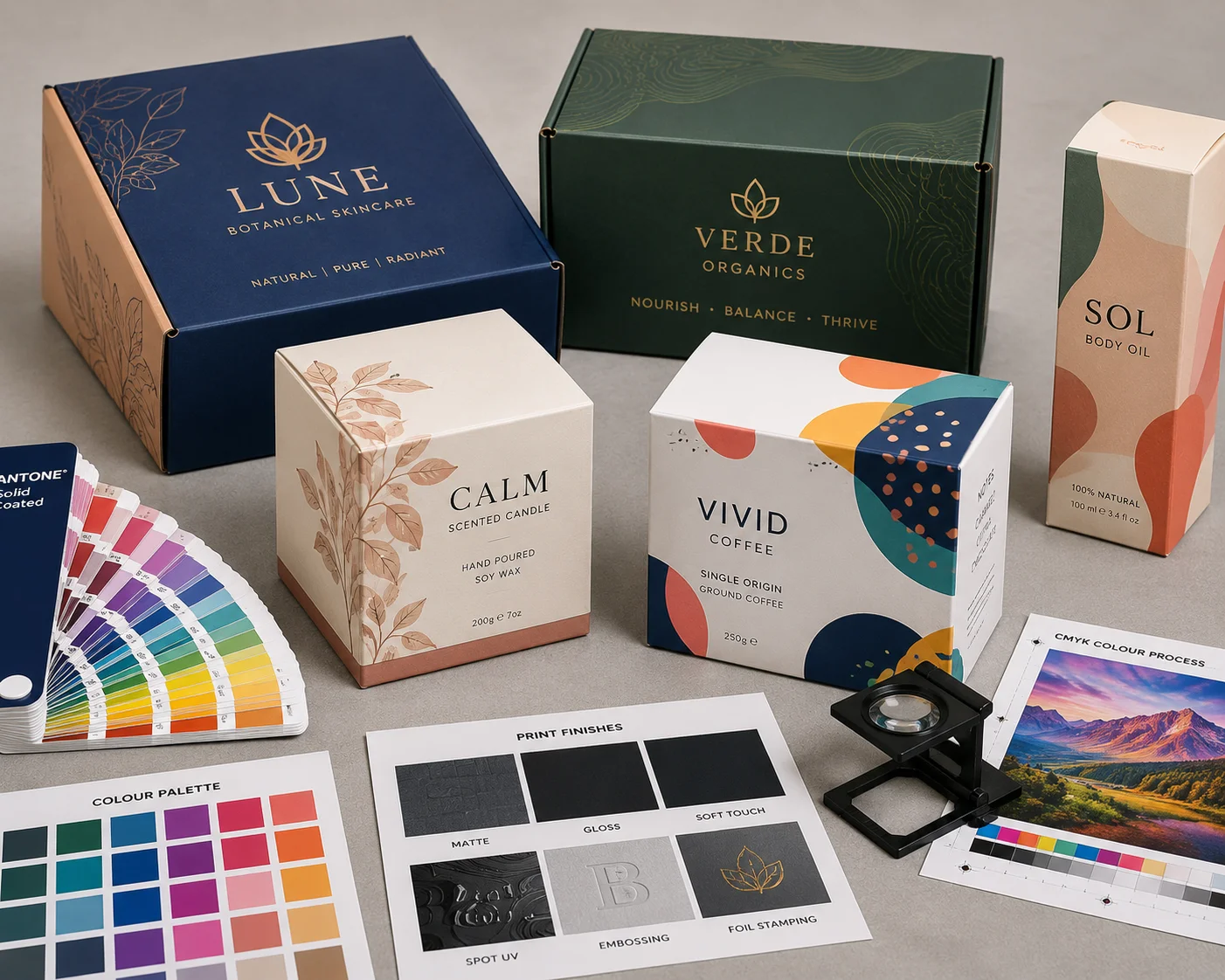 Printed packaging boxes with colour swatches and professional print samples