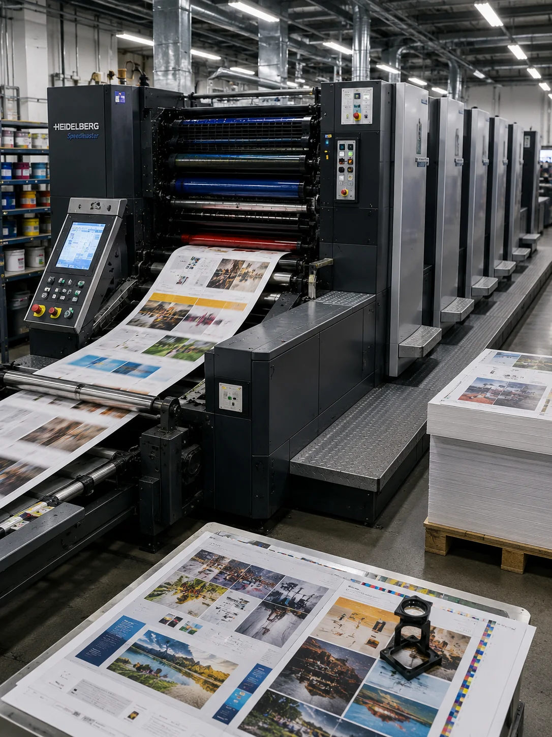 Large commercial printing press in operation