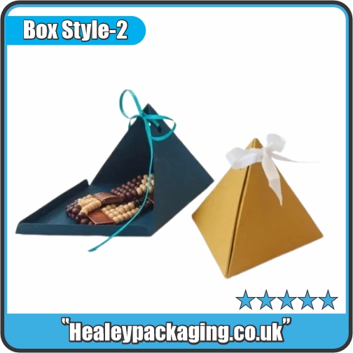 Custom pyramid gift boxes with decorative ribbon closure.