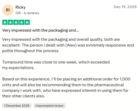 Customer feedback screenshot for the packaging project