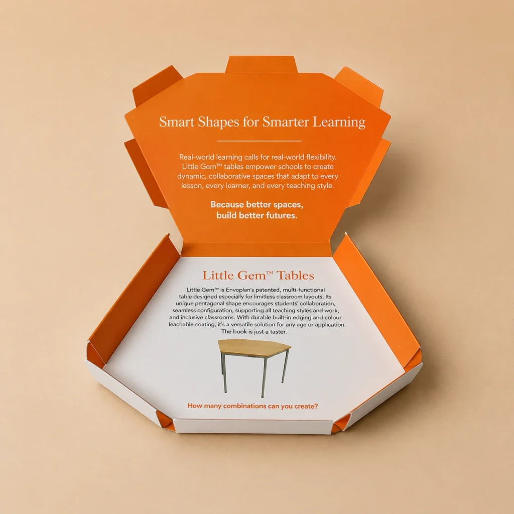 Open custom printed cardboard folder with interior branding.