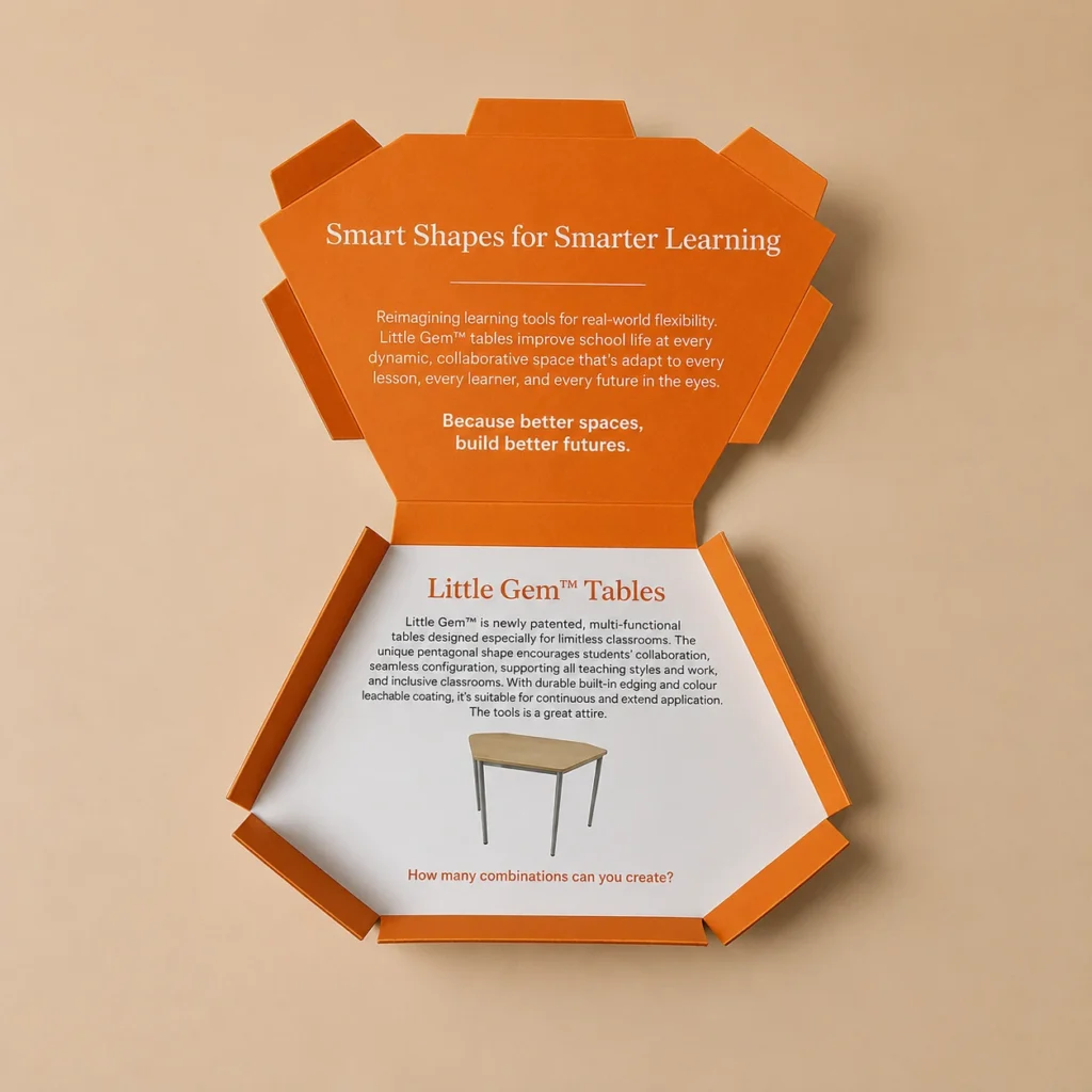 Open custom printed cardboard folder with interior branding.