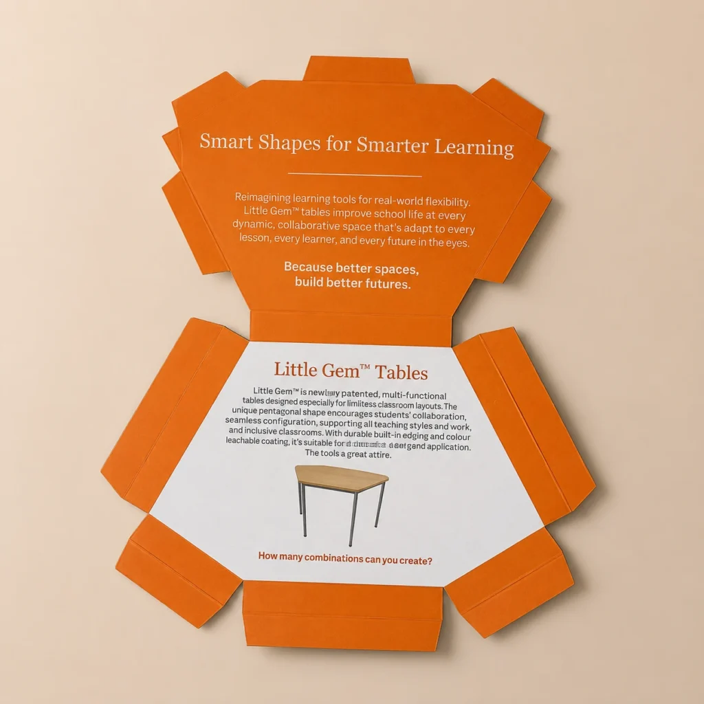 Open printed cardboard folder with custom interior design.