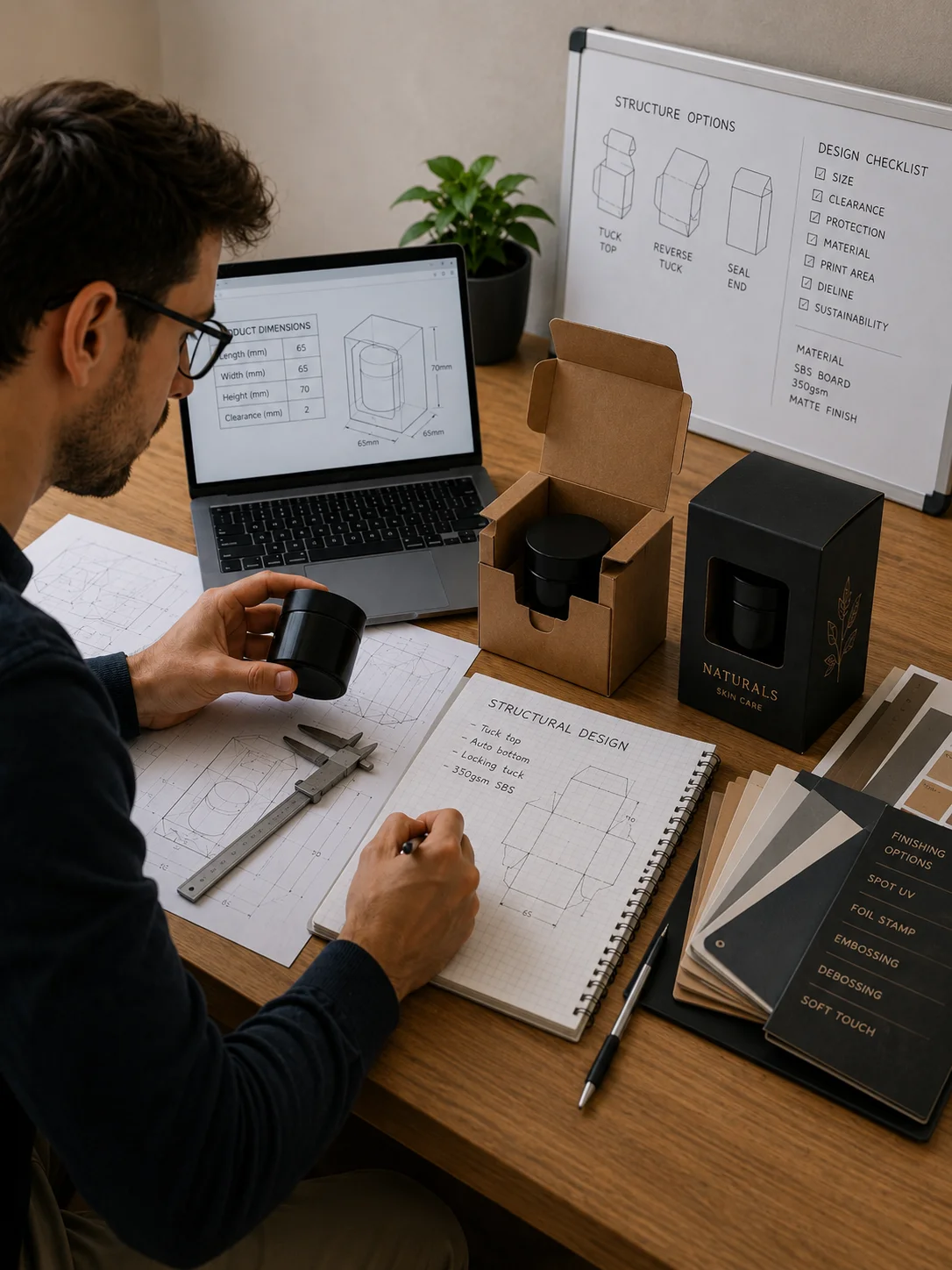 Packaging engineer developing a structural box design around product dimensions