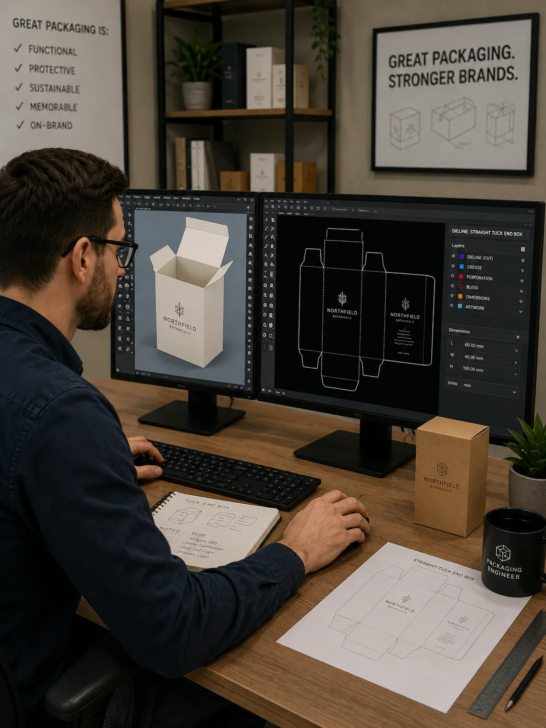 Packaging engineer creating a dieline on CAD software