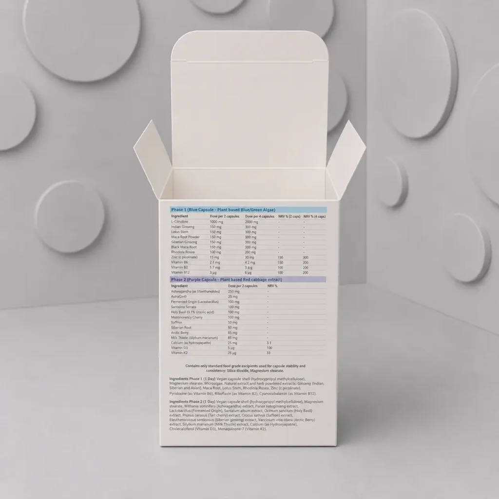 Open supplement packaging box showing printed ingredients and product information