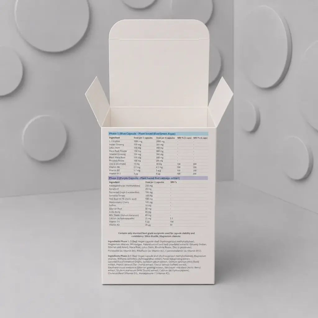Open supplement packaging box showing printed ingredients and product information