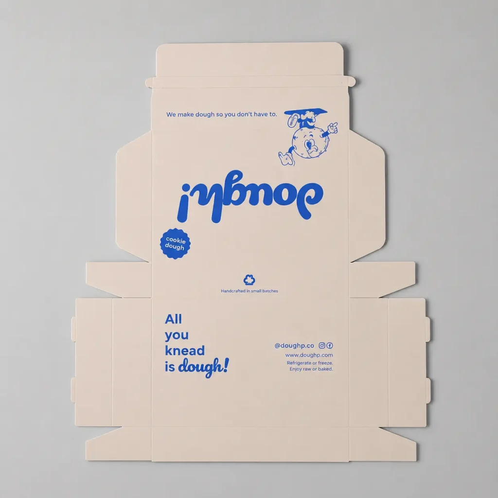 Flat cream cookie dough box dieline with custom blue artwork