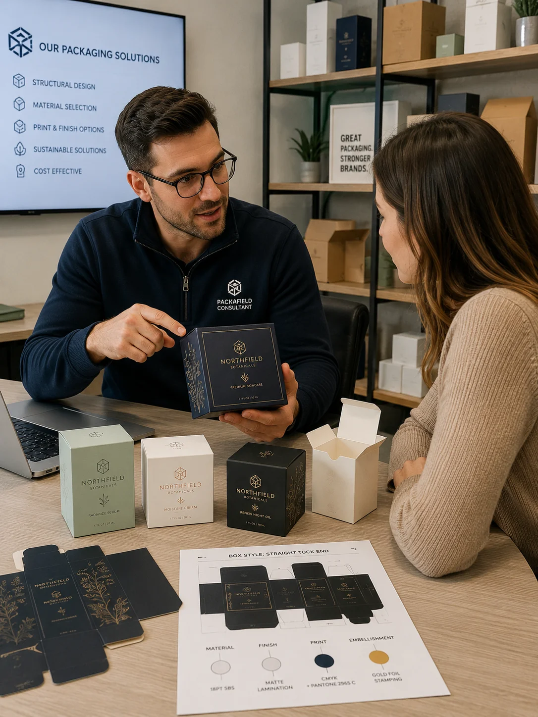 Packaging consultant discussing box samples with client