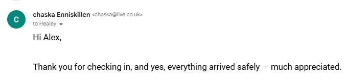 Customer feedback screenshot for the packaging project