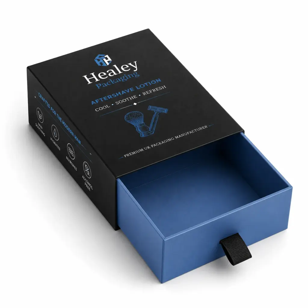 Premium aftershave drawer box with sliding tray packaging