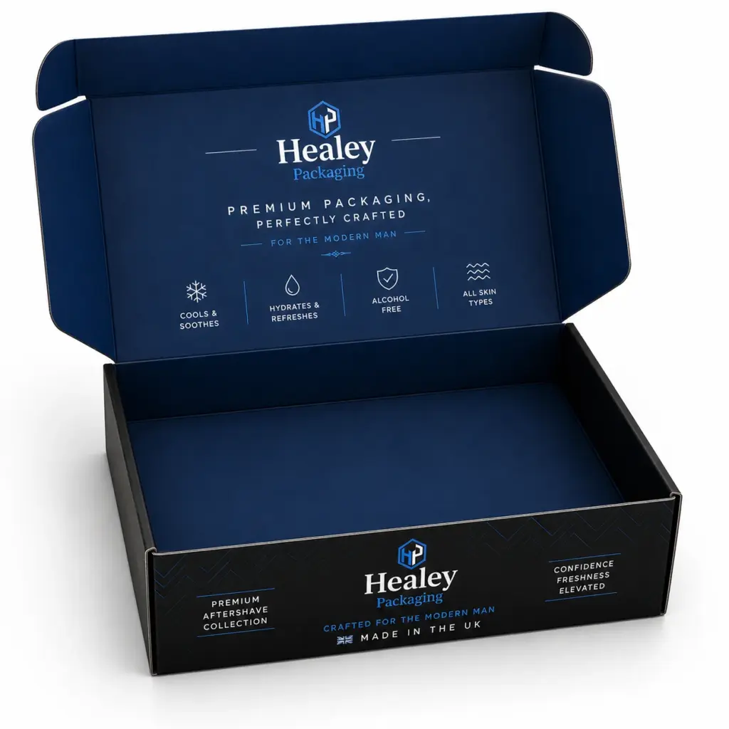Custom aftershave mailer box with printed interior branding