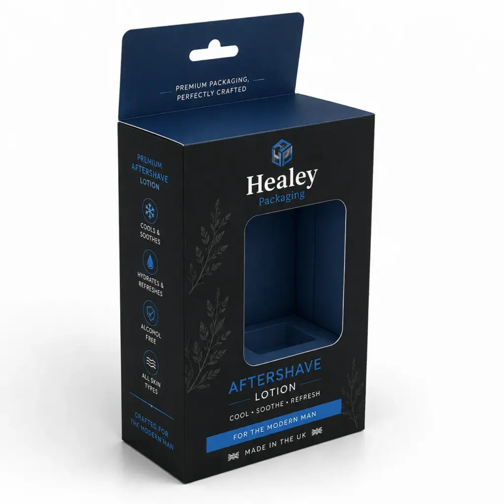 Printed aftershave window box with retail display opening
