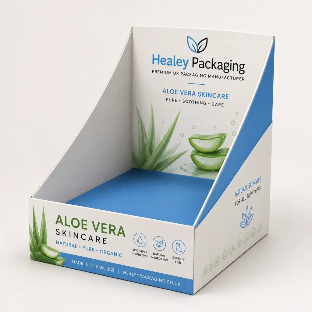 Aloe vera counter display box for skincare product presentation