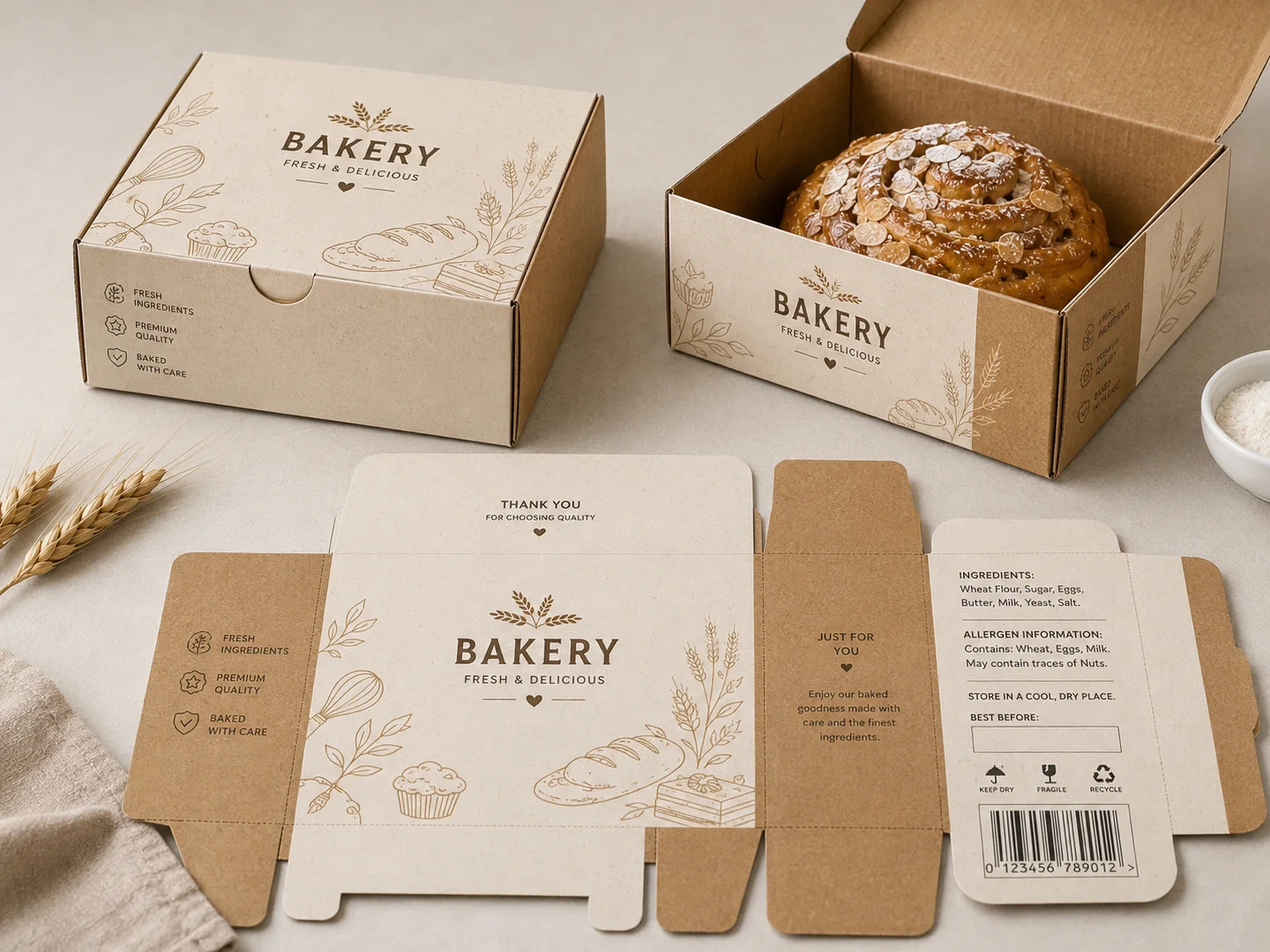 Printed bakery box artwork showing branding, product information and barcode areas