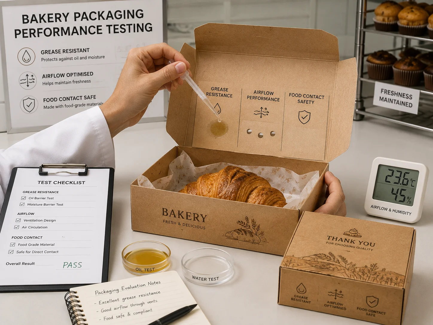Bakery packaging being assessed for grease resistance, airflow and food contact