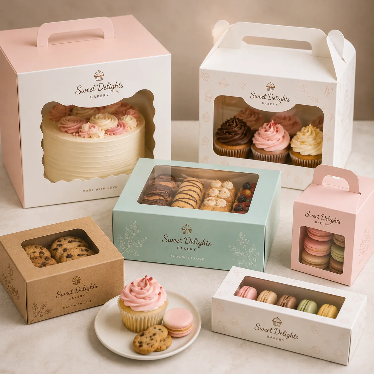 Custom bakery packaging for cakes, pastries, cupcakes and macarons