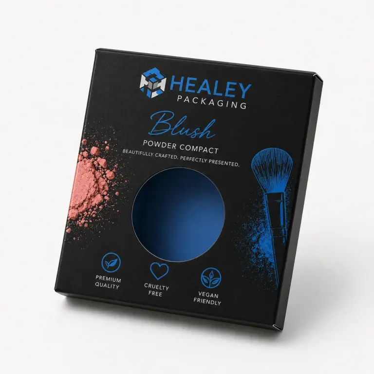 Custom blush compact box with round window packaging design