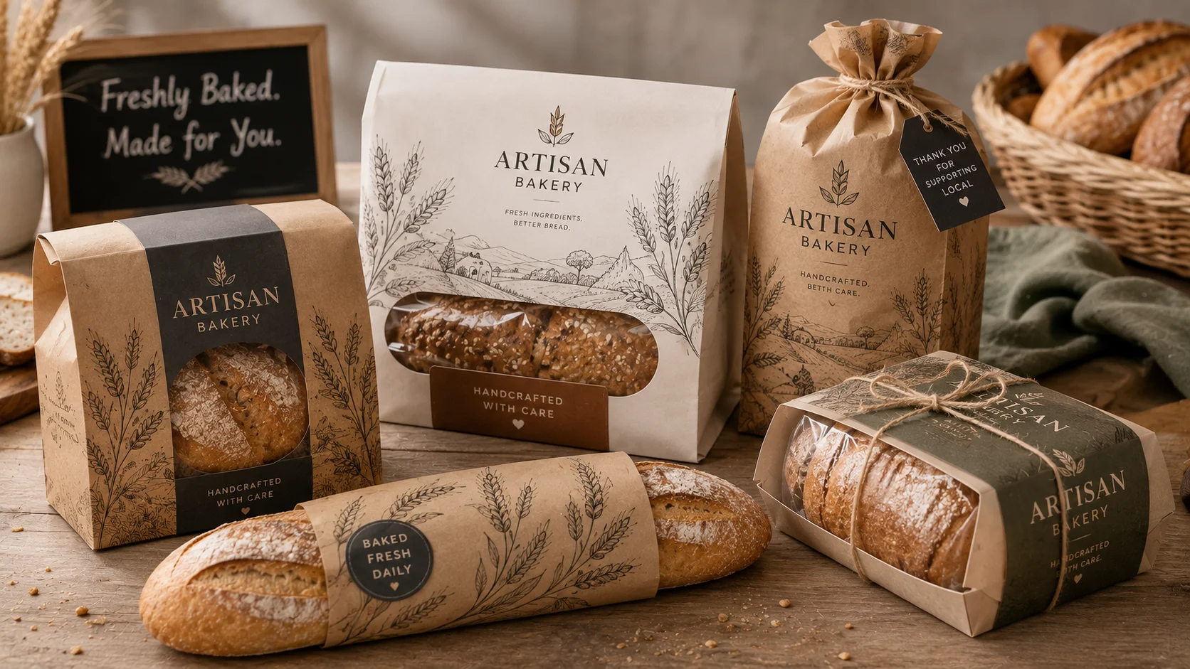 Bakery packaging for bread loaves and artisan baked goods