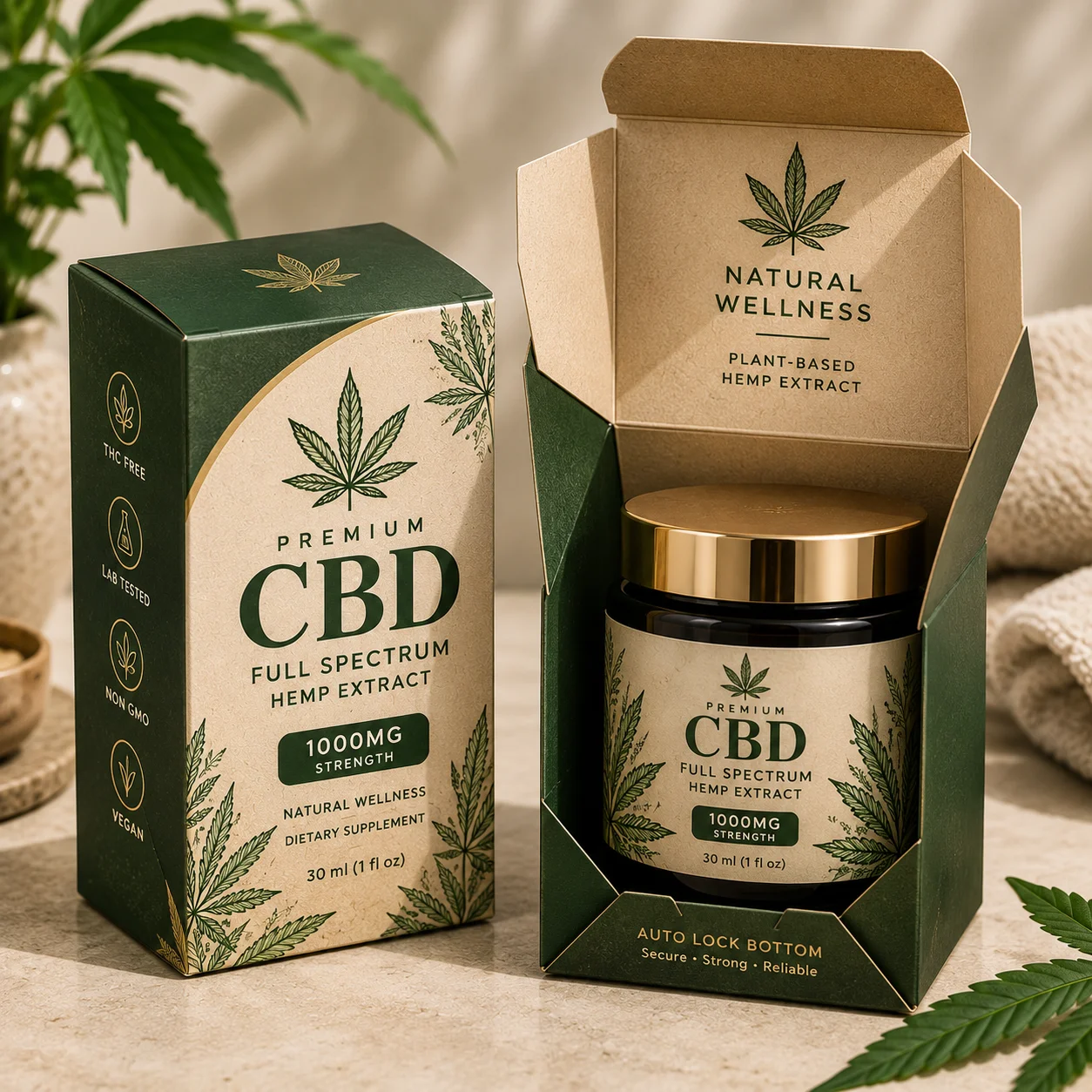 Auto lock bottom box for heavier CBD products