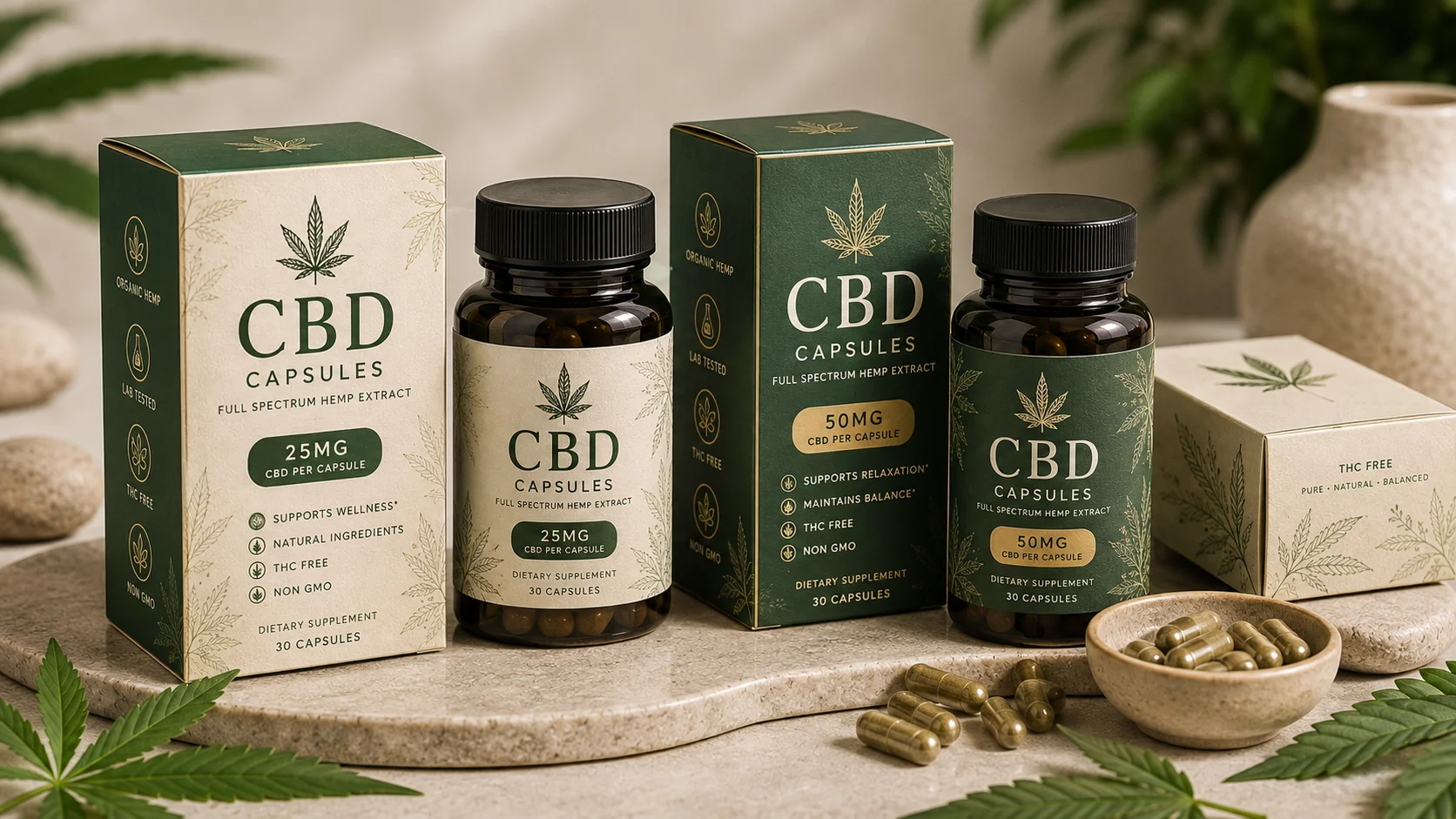 CBD capsule packaging for bottles and wellness products
