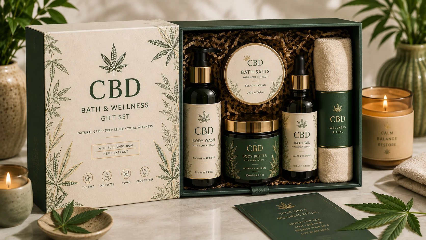 Premium CBD gift set packaging for bath and wellness products