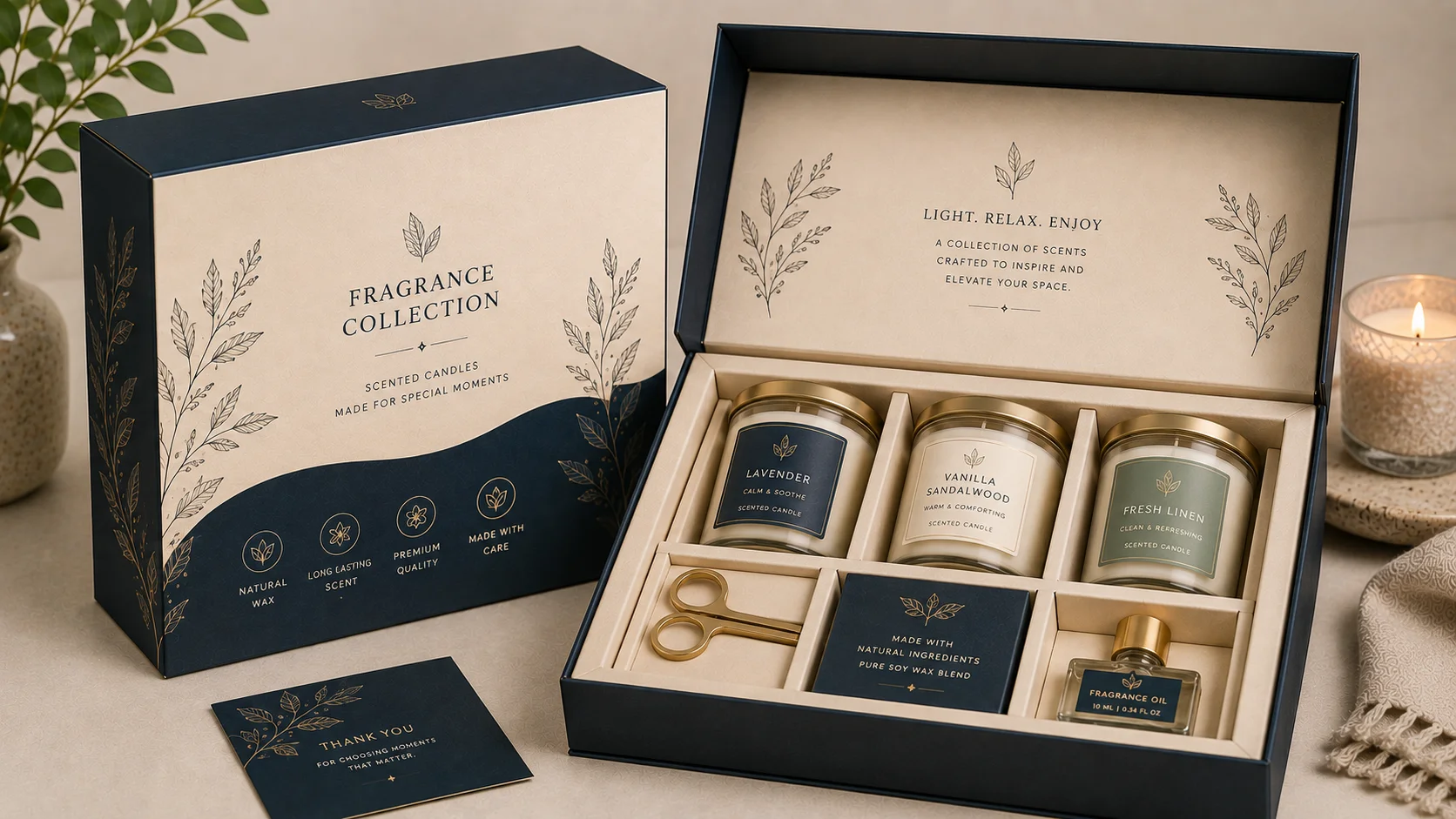 Premium candle gift box with fitted compartments for a fragrance collection