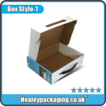 Open cardboard suitcase box with integrated carry handle
