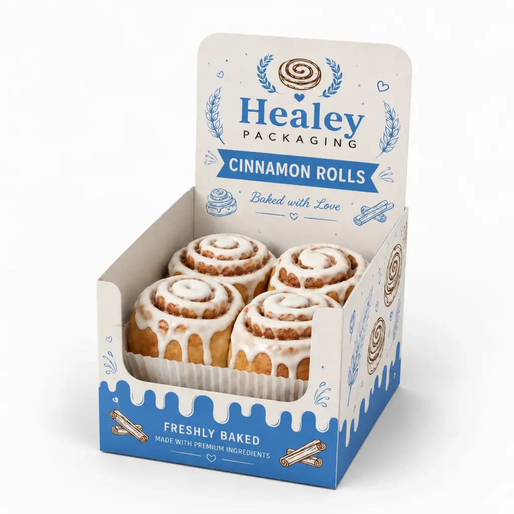 Counter display box for freshly baked cinnamon roll packaging