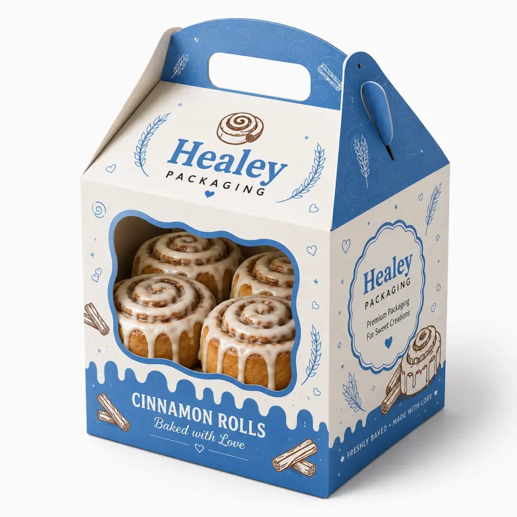 Printed cinnamon roll gable box with window and carry handle