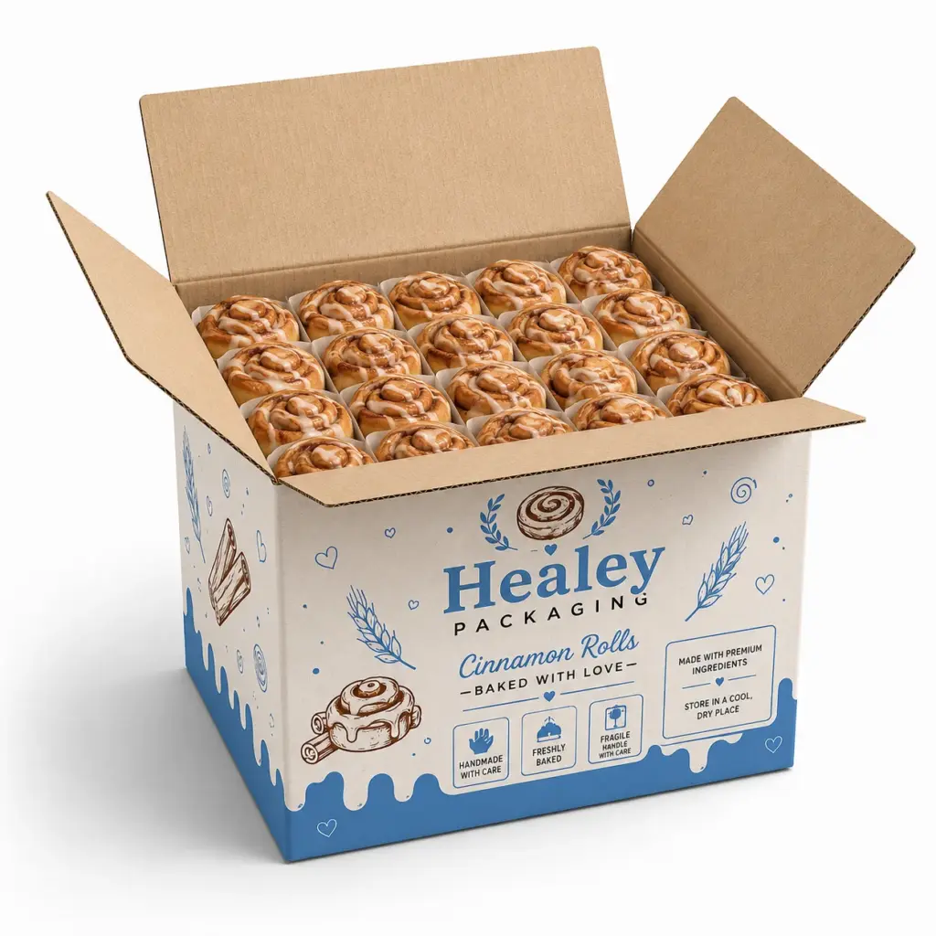 Corrugated shipping box for bulk cinnamon roll bakery packaging