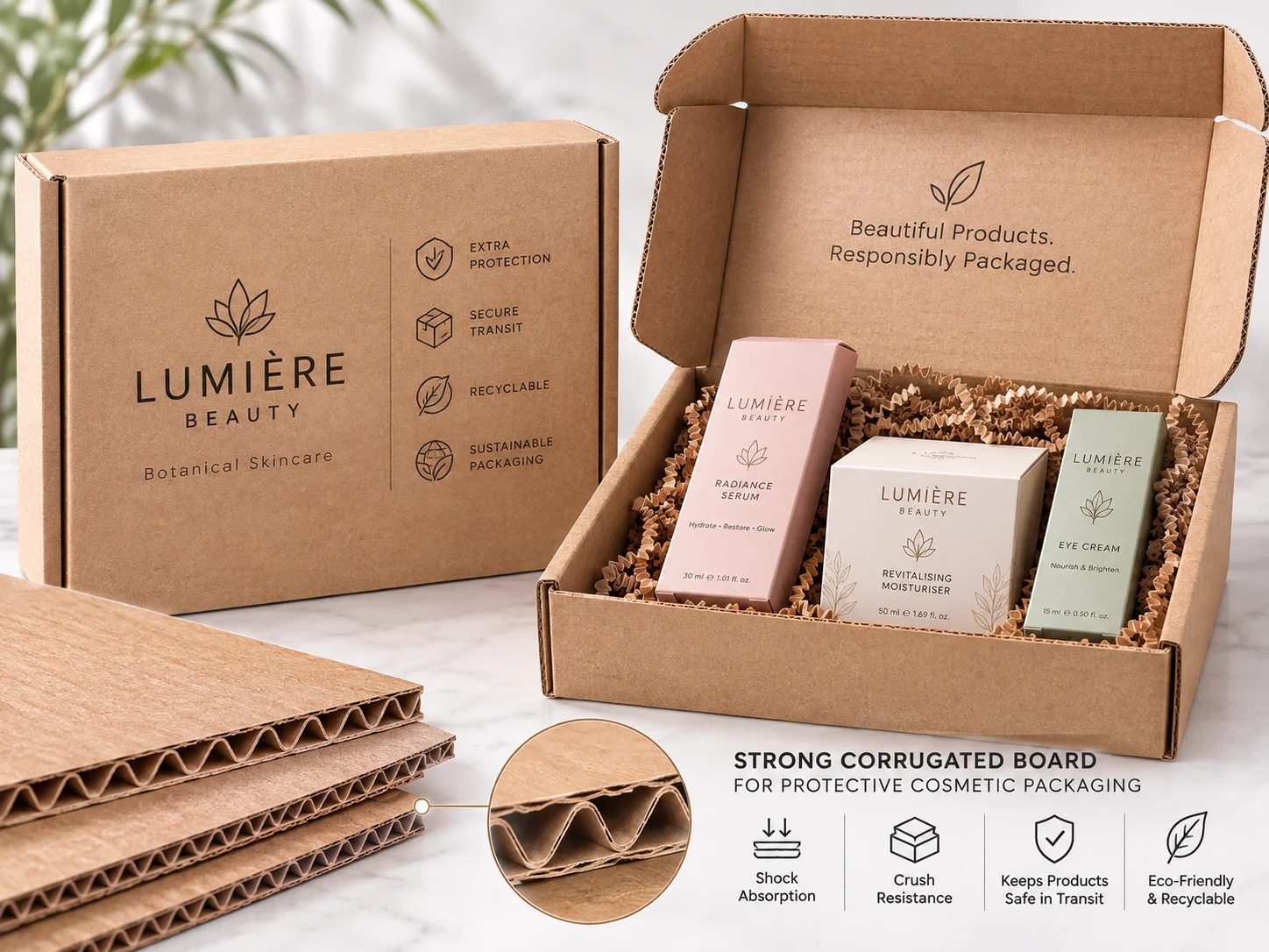 Corrugated board used for protective cosmetic packaging
