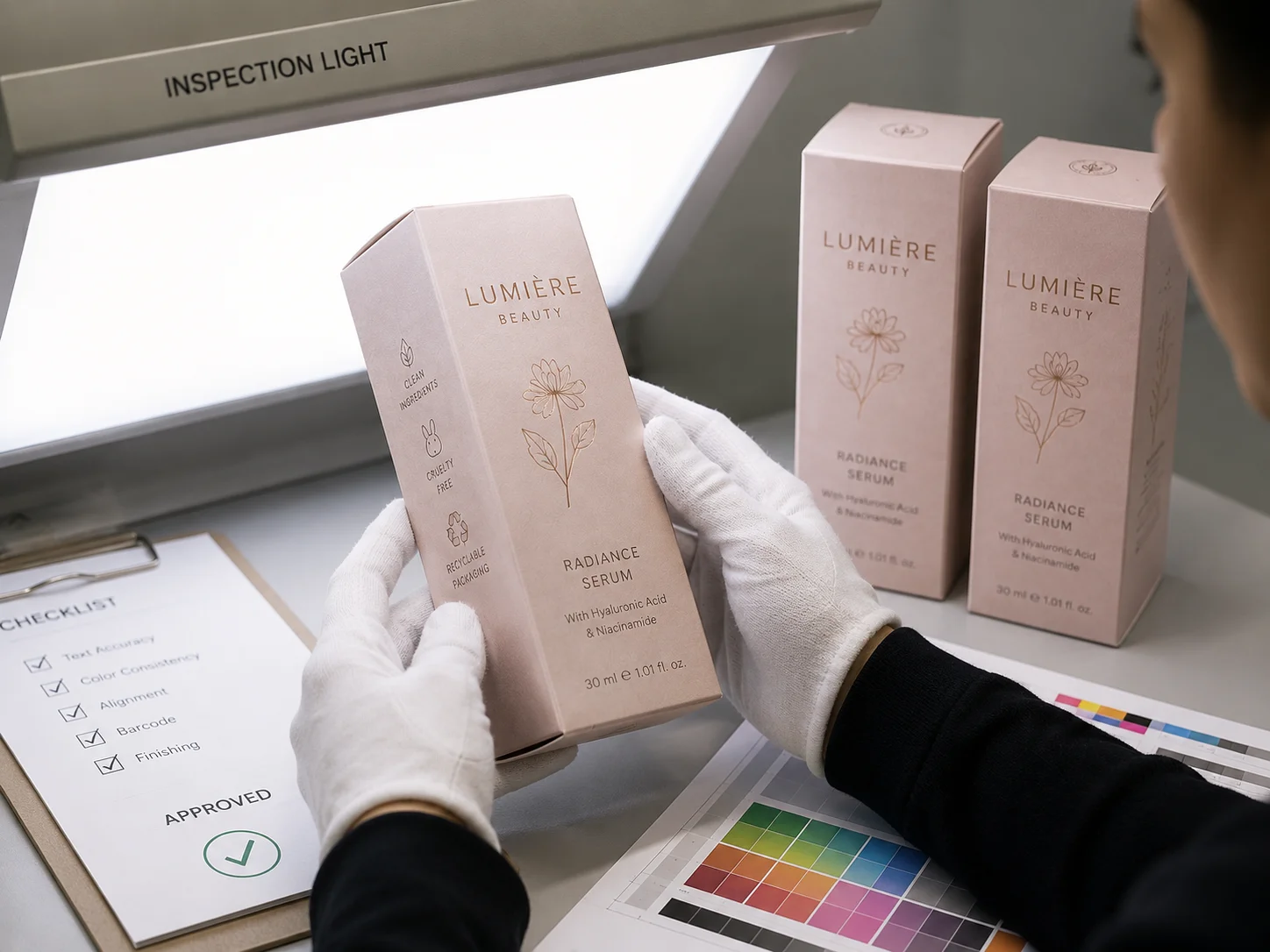 Printed cosmetic carton being checked under bright inspection lighting