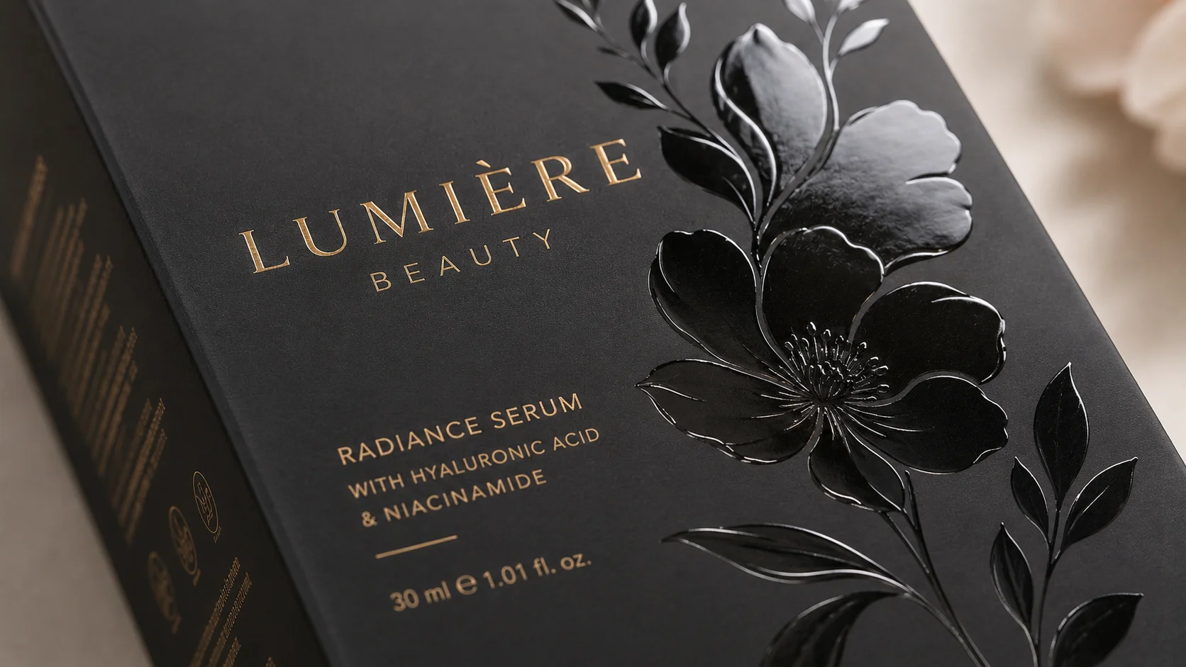 Spot UV coating aligned with printed cosmetic packaging artwork