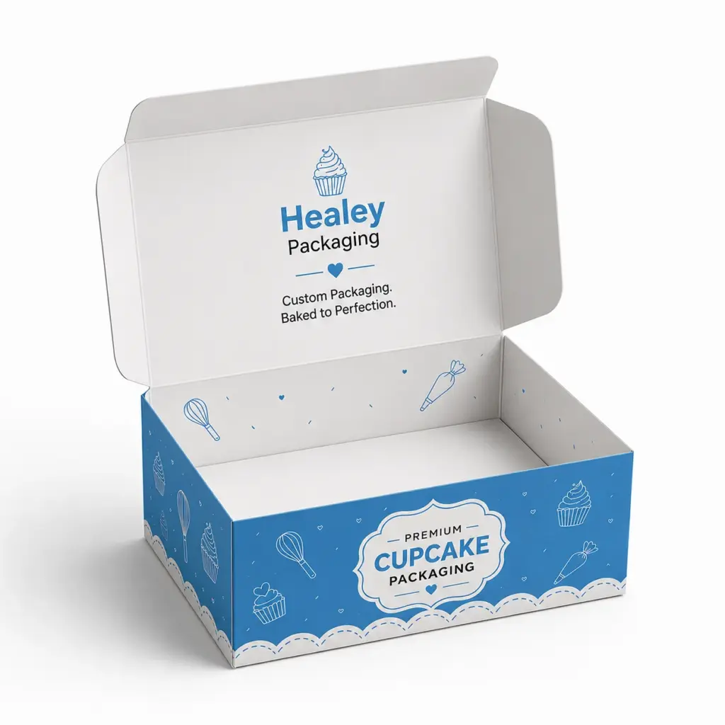 Custom cupcake packaging box with printed bakery branding