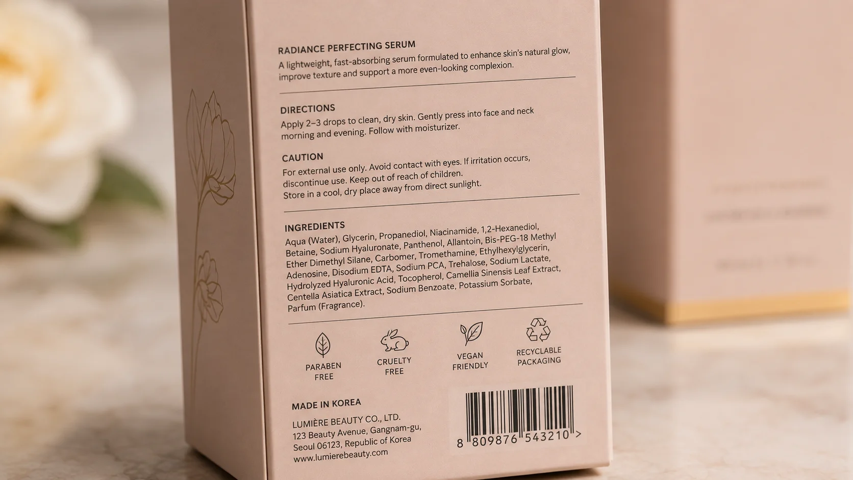Fine printed text on a cosmetic packaging panel