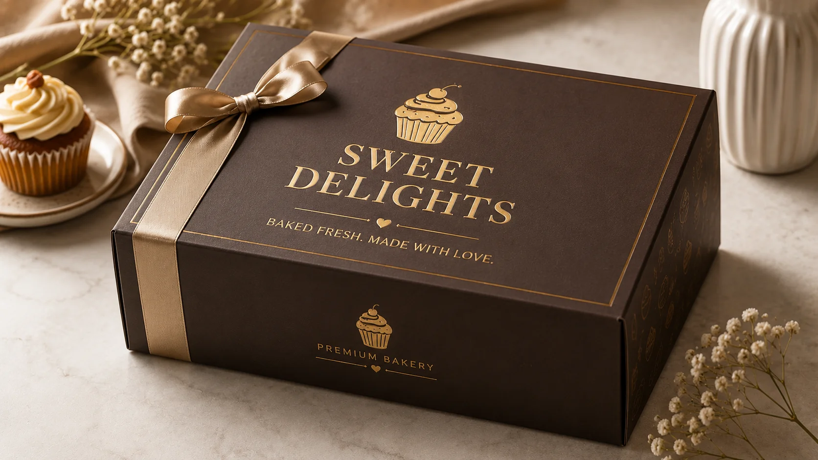 Metallic foil logo on premium bakery gift packaging