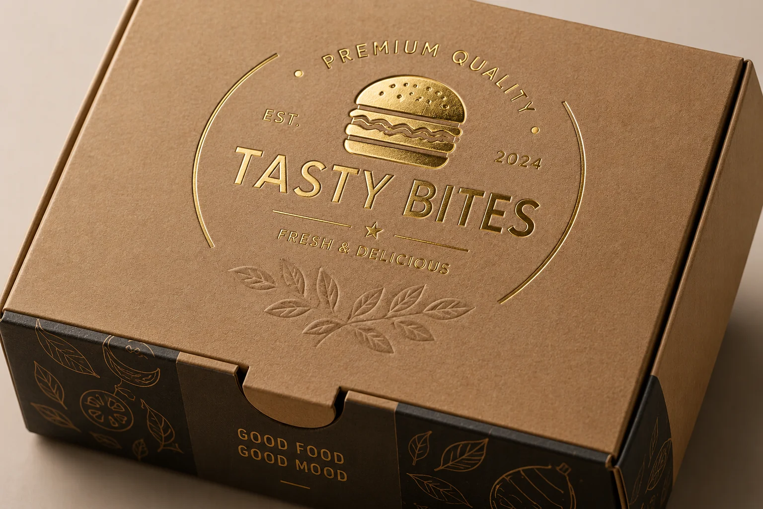 Metallic foil and embossed detail on premium food packaging