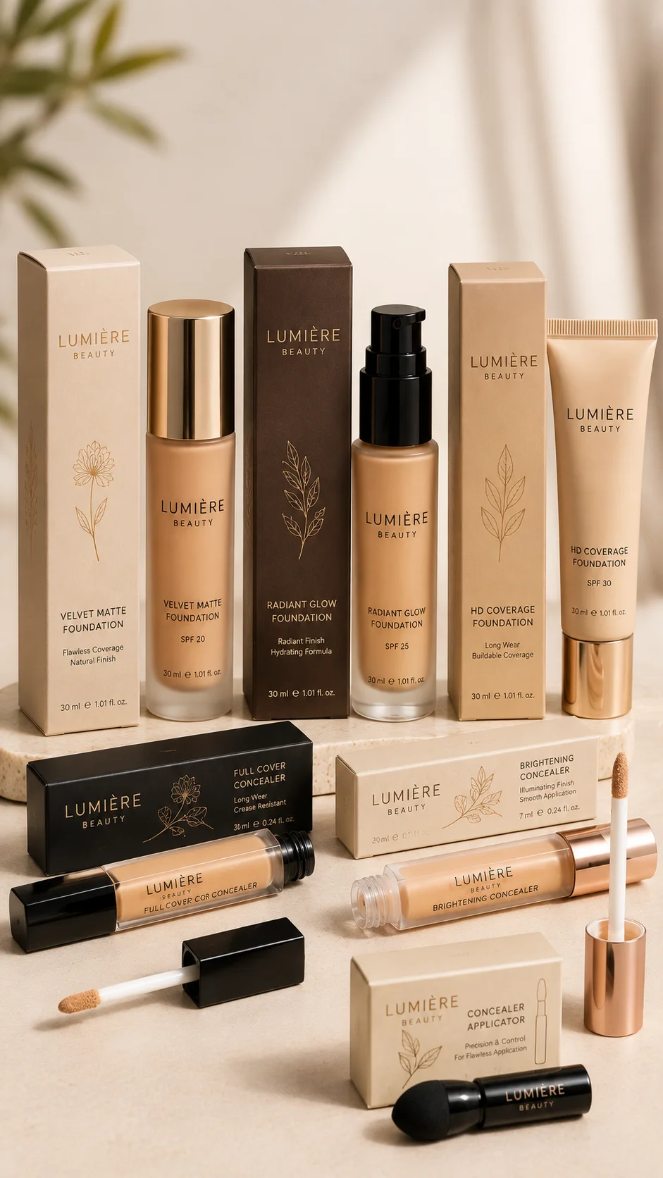 Foundation and concealer packaging for bottles, tubes and applicators