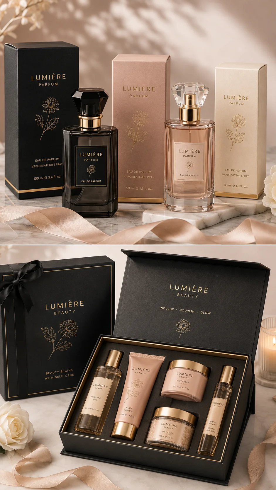 Luxury cosmetic packaging for fragrance bottles and beauty gift sets