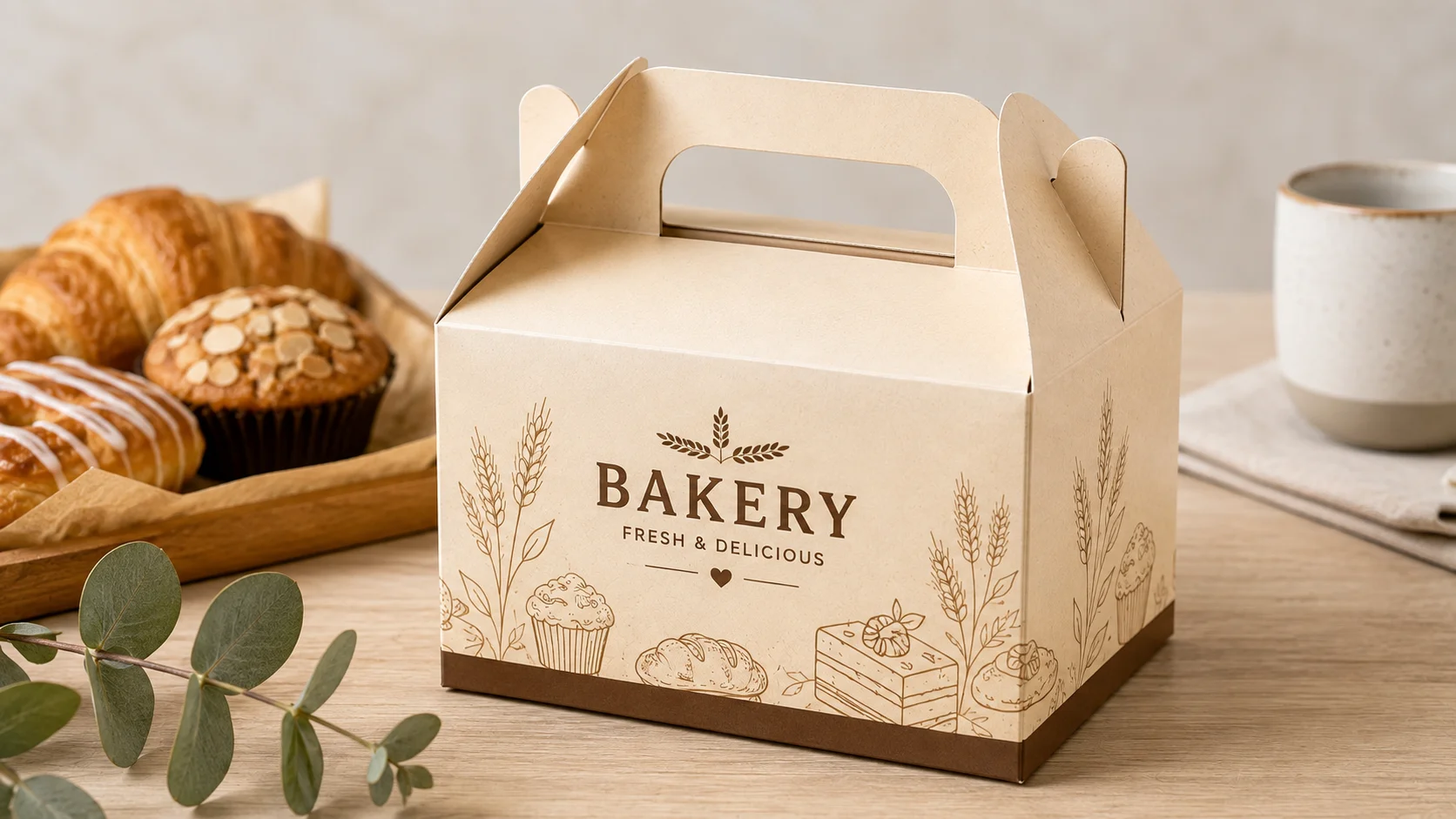 Printed bakery gable box with integrated carrying handle