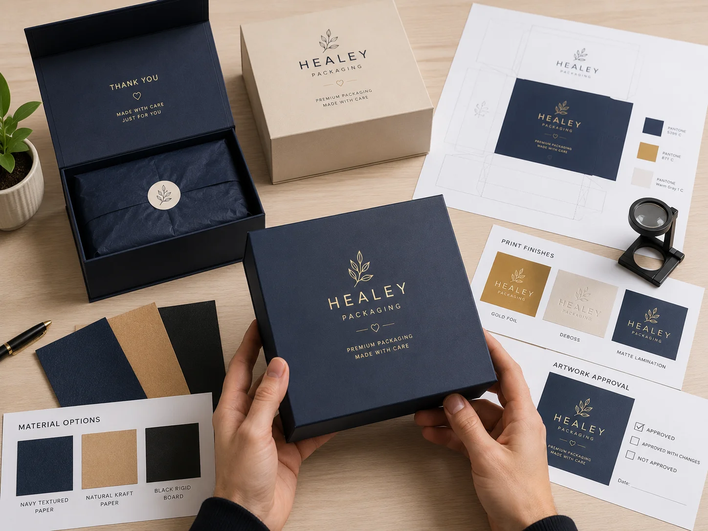 Gift box sample, materials and printed artwork under review