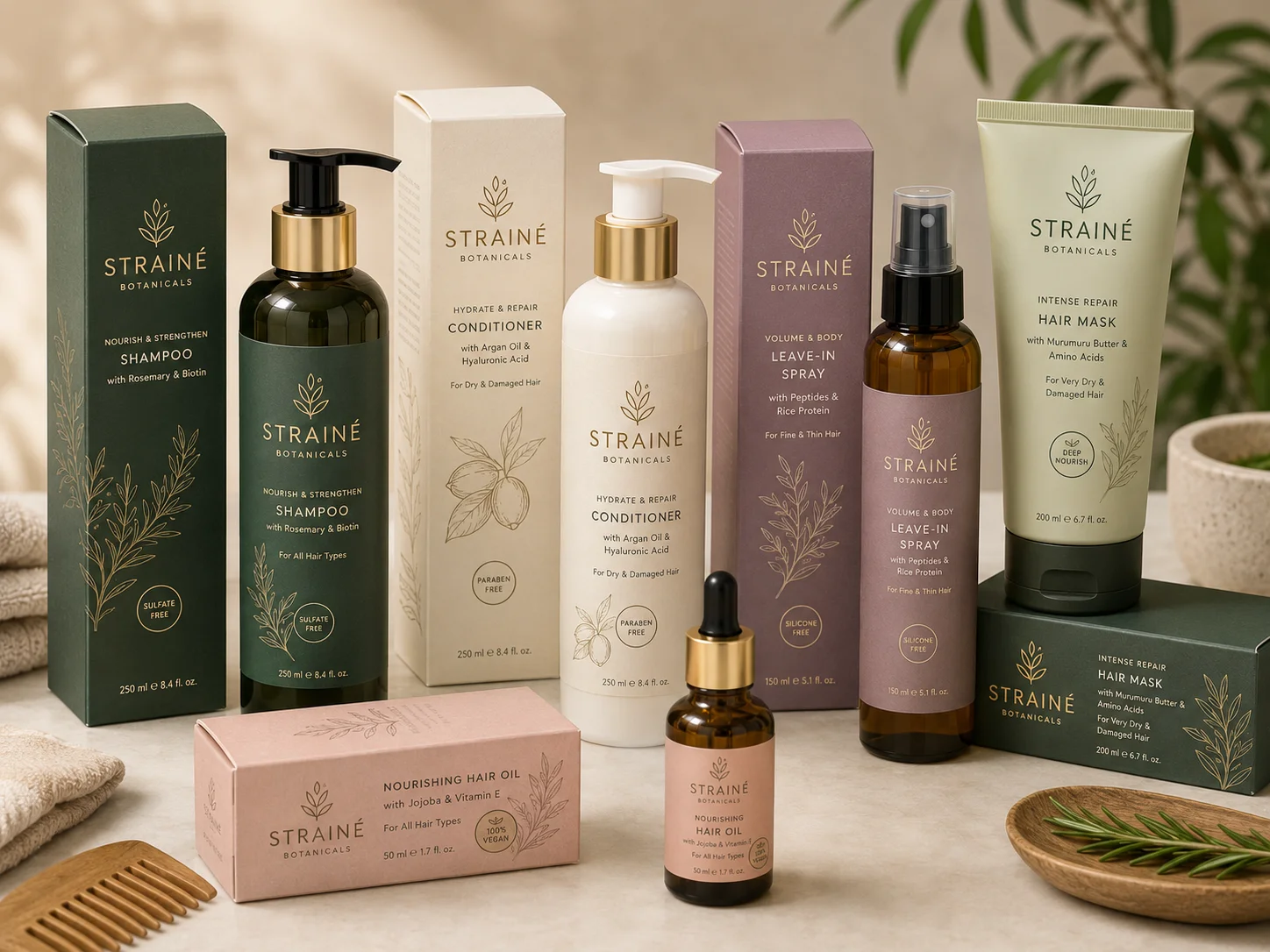Hair care bottles and tubes in printed packaging