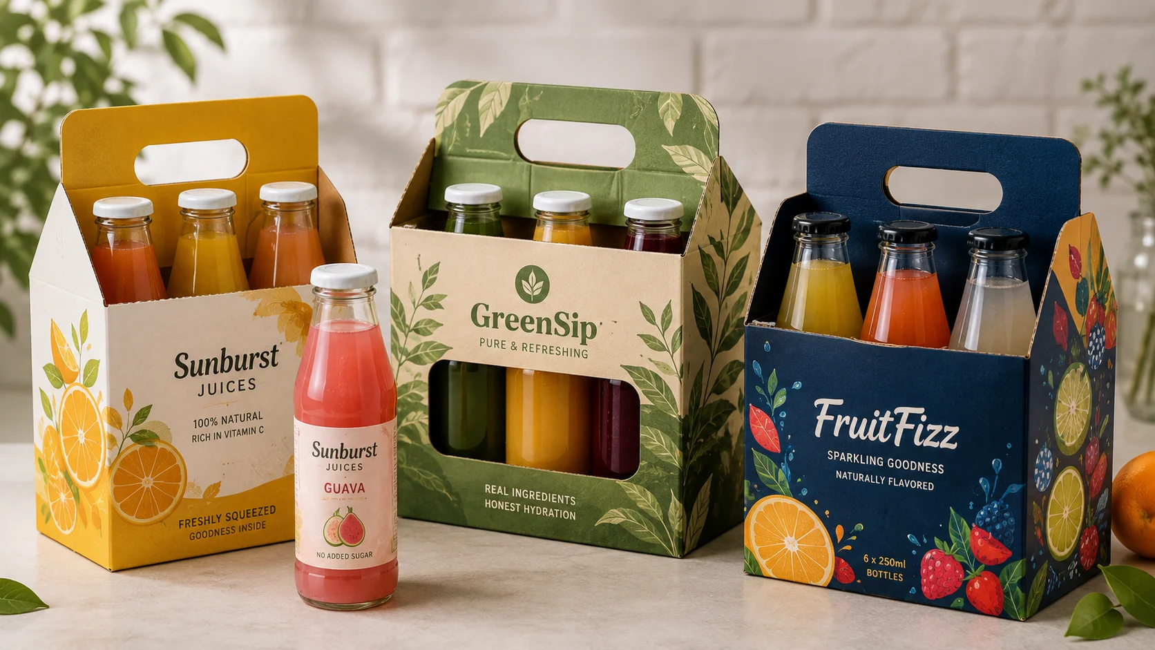Printed bottle carrier packaging for juices and soft drinks