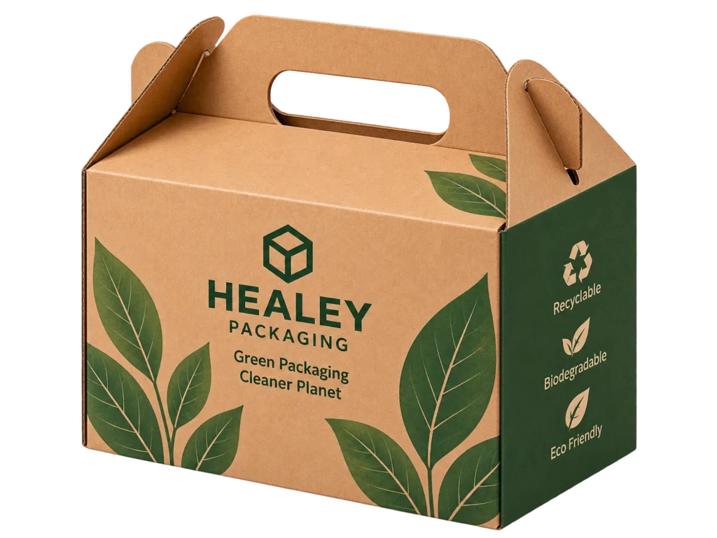 Kraft gable box with carry handle and green leaf print