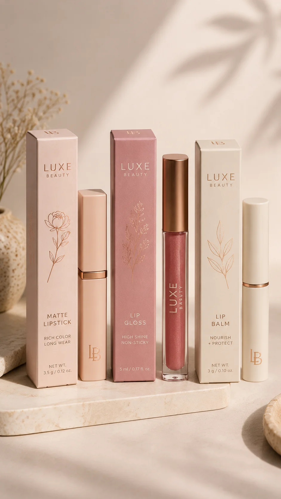 Slim cosmetic boxes for lipstick, lip gloss and lip balm