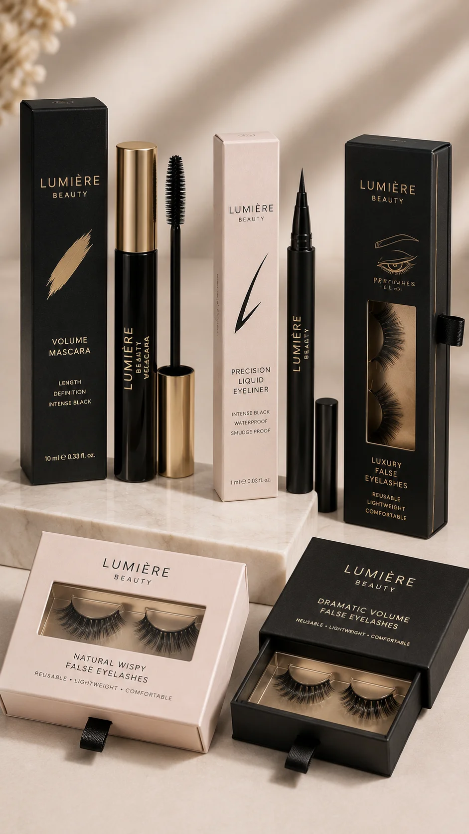 Packaging boxes for mascara, eyeliner and eyelash products