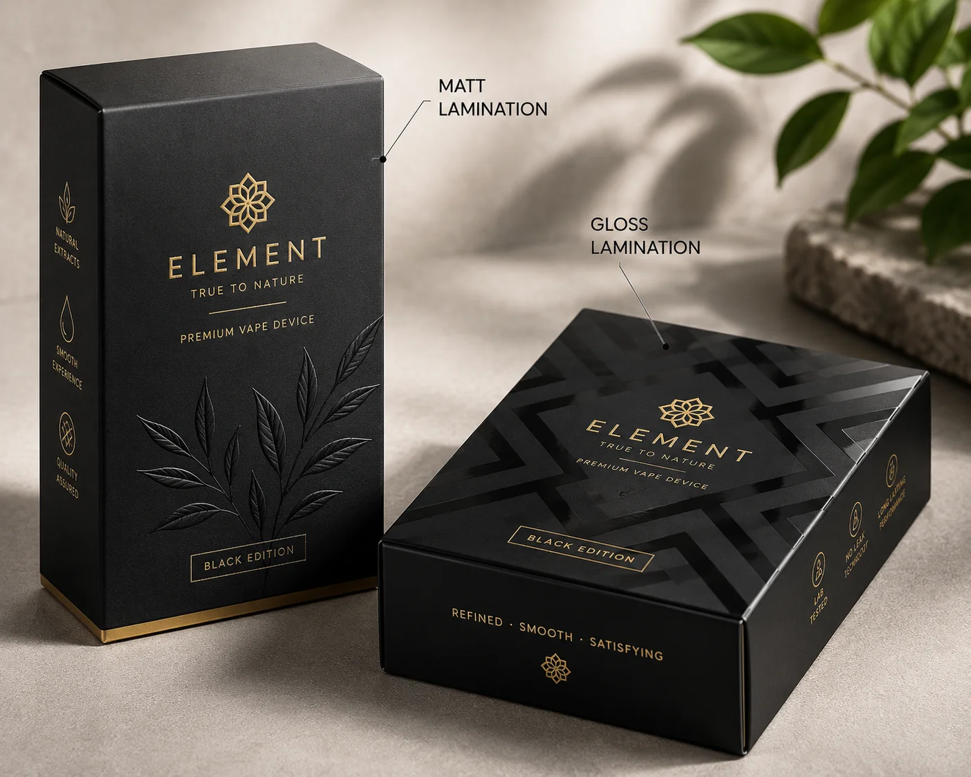 Matt and gloss laminated custom packaging surfaces