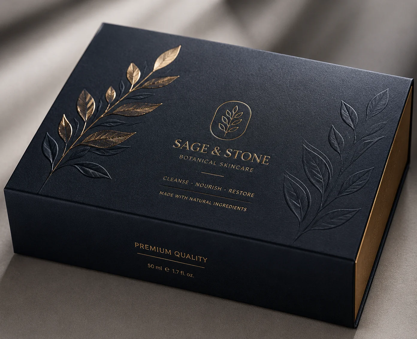 Metallic foil and embossed detail on premium packaging